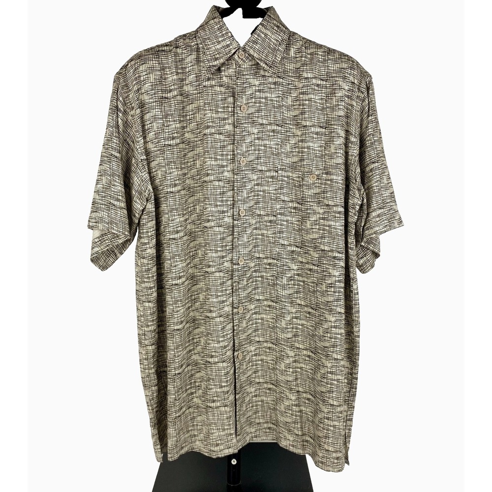 Methode Short Sleeve Shirt Men's M Textured Rayon Tropical Button Up Beige Black